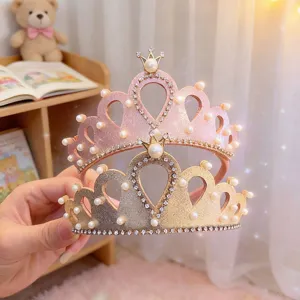 Children Princess Crown Headband Pearl Rhinestone Hair Band Birthday Party Hair Accessories For Little Girls Headwear