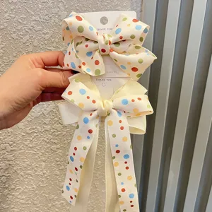 Kids Girls Polka Dot Bow Hair Clip With Long Streamers Creamy White Ribbon Bowknot Hair Accessories Handmade Sweet Princess Hairpin