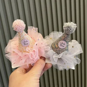 Kinder Party Hut Haarklammer mit Tüll Glitzer Pompon, süße Baby Geburtstag Haar Accessoires.