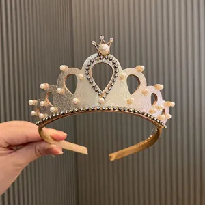 Princess crown headband for girls, sparkly pearl and rhinestone tiara hair accessory for birthday party.
