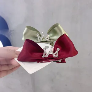 Fairy Style Satin Bow Hair Clip With 3D Rhinestone Crown For Girls Handmade Princess Hair Accessories Headwear
