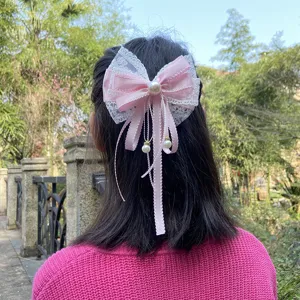Lindo pasador de pelo con lazo grande Lolita rosa estilo japonés con encaje y perlas para niñas.