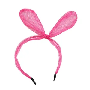 Diadema de orejas de conejo de malla rosa para niñas, accesorio lindo para fiestas.