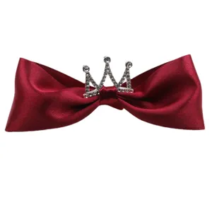 Red satin hair bow clip with rhinestones crown for girls cute hair accessories daily wear