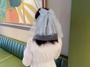 Light blue mesh bow hair clip elegant princess veil for kids birthday photography party