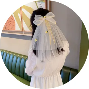 Children mesh big bow hair clip veil princess flower girl hair accessory detail view