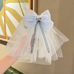 Children mesh big bow hair clip blue princess veil hairpin for birthday party photography.