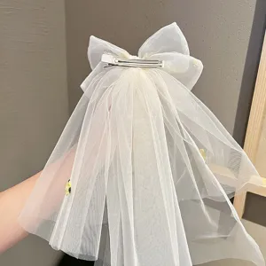 Children white mesh bow hair clip with long veil sweet princess hair accessories for kids