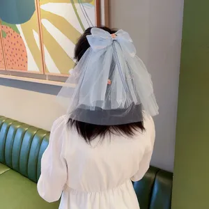 Kids cute light blue mesh bow hair clip princess tulle veil hairpin for party photo dress up