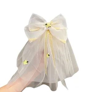 Children mesh big bow hair clip princess veil cute floral hairpin for little girls party