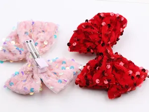 Kids velvet sequin bow hair clips set, cute sparkly side hairpins for girls daily party wear.