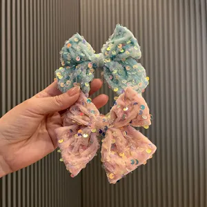 Korean Kids Velvet Sequin Bow Hair Clip Sweet Princess Performance Side Clip Sparkling DIY Bowknot Hair Accessories For Girls