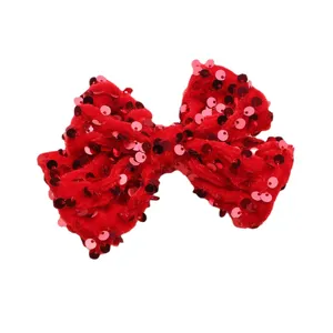 Red sequin velvet bow hair clip for kids, cute glitter hair accessories for girls daily wear.