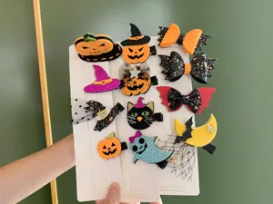 Cute Halloween hair clips set with pumpkin, bat, and witch hat designs for kids daily wear.