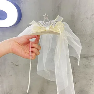 Cute baby girl princess veil hair clip with rhinestones, 3D crown and delicate floating tulle.