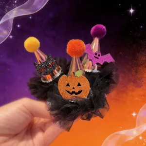 Fermaglio per Capelli Luminoso di Halloween per Bambini Zucca Pipistrello Teschio Cappello da Festa Rete Pompon Oggetti di Scena