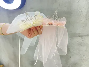 Princess veil hair clip with rhinestone crown and mesh ribbon for cute baby girl styling details