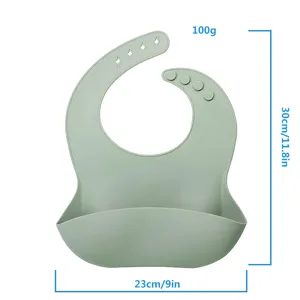 Silicone baby bib detailed view showing 30cm length, 23cm width, and 100g net weight.