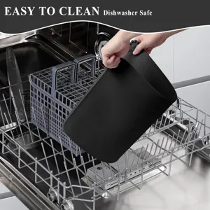Black silicone pet feeding mat detail view, showing easy cleaning and dishwasher safe feature.