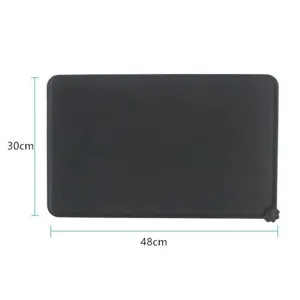 Black silicone pet feeding mat size detail showing length and width dimensions for cat dog bowls.