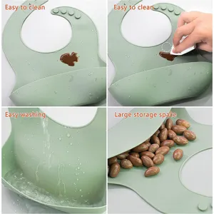 Silicone baby bib detail showing easy cleaning, waterproof surface, and large food pocket.