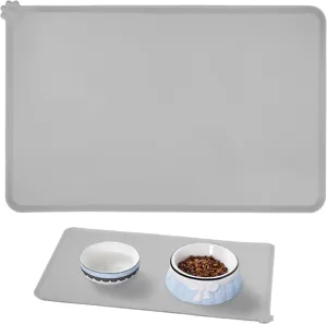 Silicone pet feeding mat detail view, waterproof and non-slip grey mat for dogs and cats.