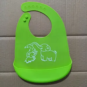 Waterproof silicone baby bib with cute elephant pattern and crumb catcher pocket green