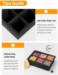 Bac à glaçons en silicone noir avec 6 grilles carrées, moule flexible pour un démoulage facile.