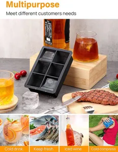 Détail du bac à glaçons en silicone montrant une utilisation polyvalente avec boissons.