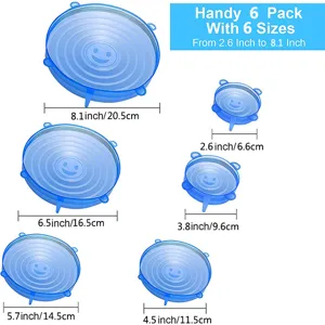6-piece silicone stretch lids set reusable food cover bowl wrap seals transparent blue.
