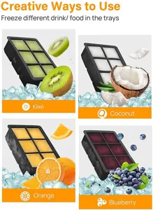 Moule à glaçons en silicone à 6 grilles montrant des façons créatives de congeler les fruits.