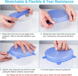 Detailed instruction guide showing how to use 6-piece silicone stretch lids for bowls.