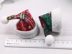 Miniature plaid Christmas hats detail view, perfect for DIY hair clips, shoes, and holiday crafts.