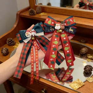 Barrette à Cheveux Nœud Papillon Écossais de Noël Avec Long Ruban pour Enfants Tissu Résine Renne Père Noël Ours Accessoires Cheveux Hiver