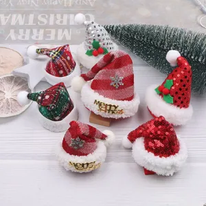 Cute 3D Mini Christmas Santa Hat DIY Hair Accessories Decoration Material Fabric Sequin Plaid Striped Festive Ornament Crafts Half Finished Base Without Clip For Kids Girl Party Supplies
