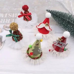 Mini Weihnachtsmütze DIY Haarschmuck Für Mädchen Glitzer Spitze Pompon Glocke Haarklammer Haarreif Dekoration Zubehör