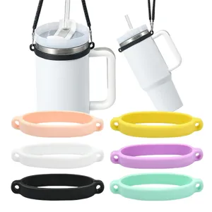 Silicone tumbler strap ring and colorful elastic band detail view for portable water bottles.
