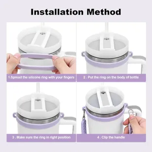 Silicone water bottle strap ring installation guide detail showing step by step how to use.