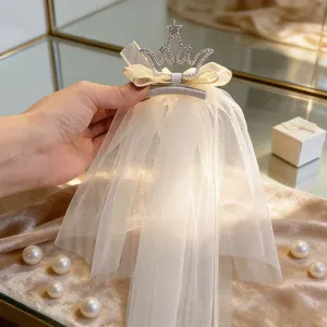 Cute Girls Princess Veil Hair Clip Rhinestone Crown Long Mesh Tulle Hairpin Kids Photo Props Wedding Party Hair Accessories