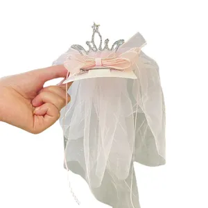 Cute baby girl princess crown veil hair clip rhinestone bow hair accessories for kids