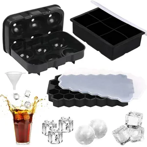 Silicone ice cube tray set with 6-cavity round sphere mold and square grid for home.