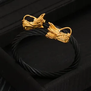 Bracciale Uomo Acciaio Inossidabile Cavo Intrecciato Doppia Testa Drago Placcato Oro