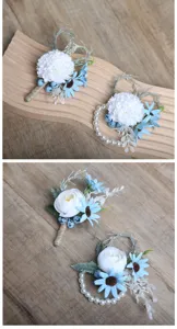 Rustic wedding artificial flower boutonniere and pearl wrist corsage set for groom and bridesmaid.