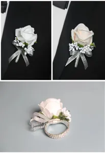 Wedding rose boutonnieres and wrist corsage set with silver ribbon and rhinestones for brides.