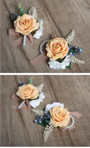 Artificial rose corsage and wrist flower set for wedding party vintage style elegant floral decor