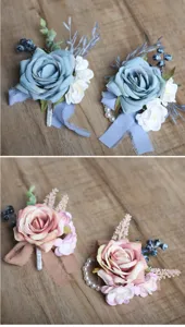 Close-up details of artificial rose wrist flowers and boutonnieres with pearls and ribbons.