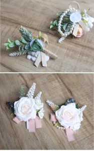 Artificial rose boutonniere and pearl wrist corsage set for wedding party decor.