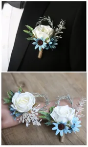 Artificial white rose boutonniere and blue daisy wrist flower set for wedding decor.