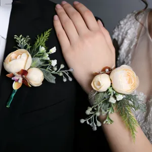 Dassos Vintage Champagne Camellia Boutonniere Corsage Karpoú Gamou Groom Brooch Bride Lace Wristband Artificial Flower Set