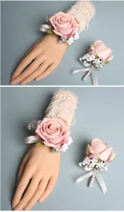 Elegant wedding pink rose wrist corsage and boutonniere set with silver ribbon for bride.